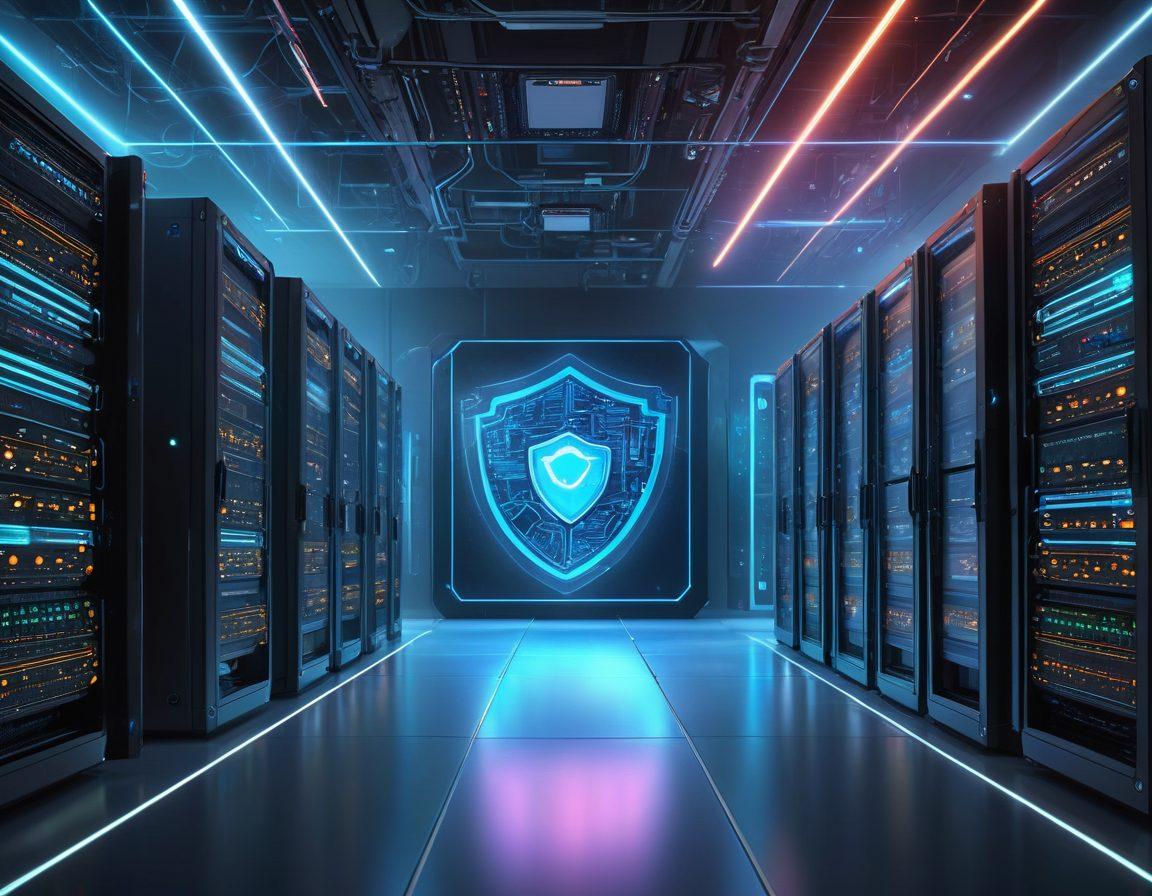 A futuristic tech lab scene showcasing a robust security shield enveloping a stack of computer servers, with digital patches seamlessly integrating into them. A team of experts in high-tech gear works diligently on holographic interfaces, symbolizing innovation and precision in cybersecurity. high-tech, super-realistic, vibrant colors, detailed, digital art.