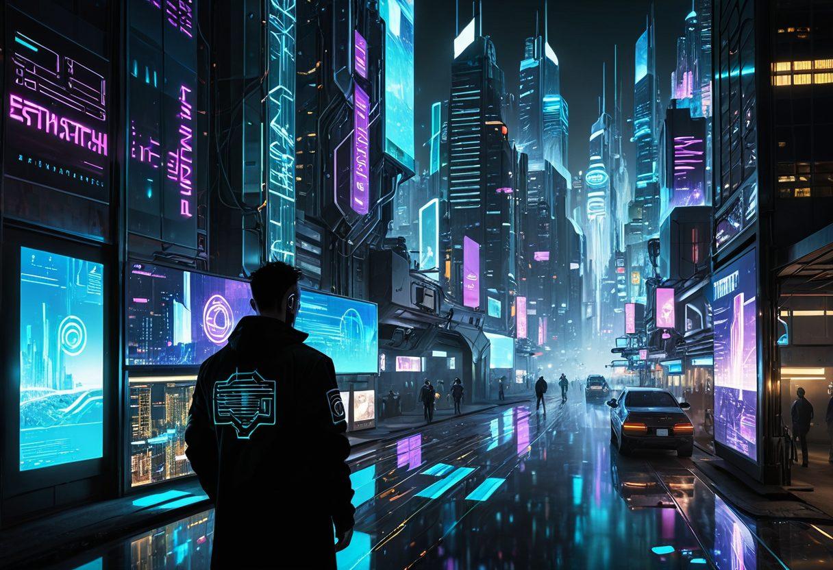A futuristic cityscape with holographic interfaces depicting software and network updates, transparent data streams connecting buildings, and engineers using advanced tools. Ezpatch logo elegantly integrated into the scene. Digital patch symbols flowing seamlessly across the city. cyberpunk. vibrant colors. high-tech.