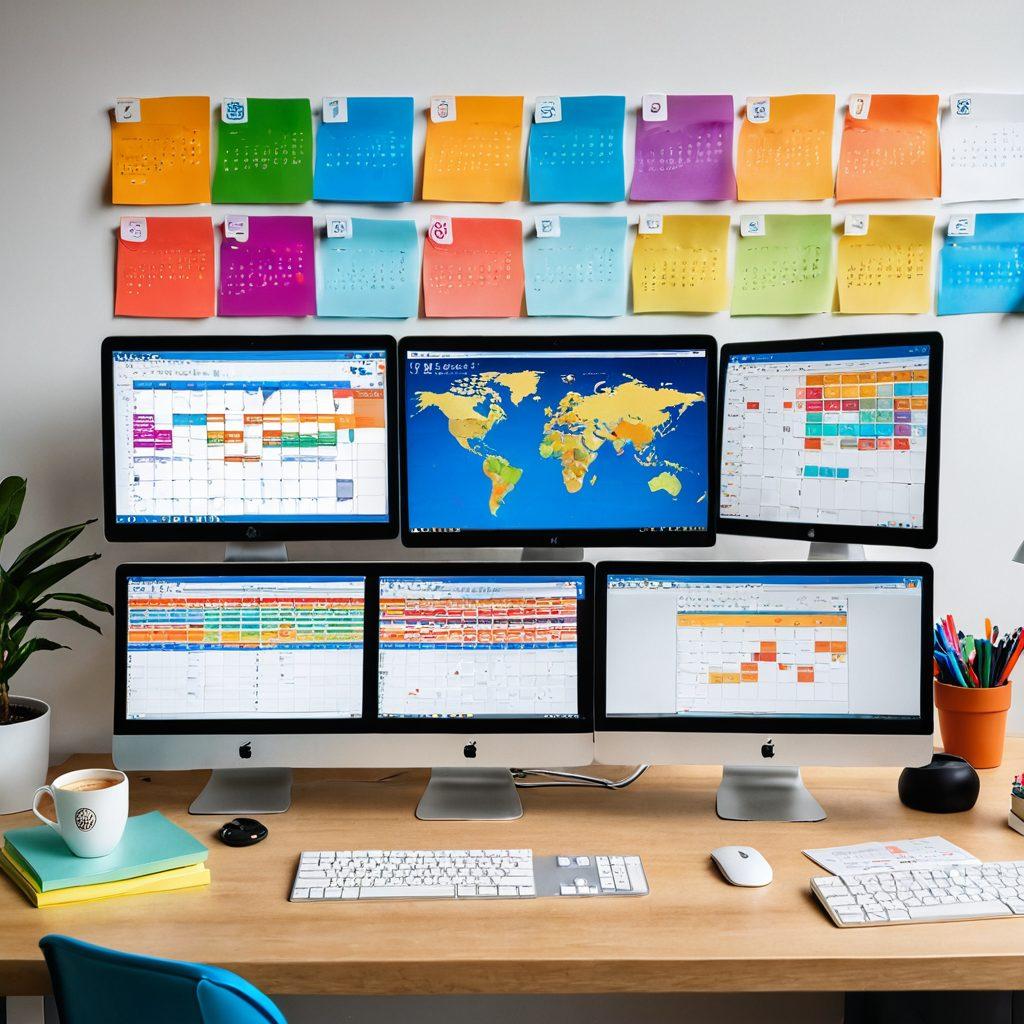 An intricately designed, modern workspace showcasing a developer's desk with screens displaying code, patch management dashboards, and a calendar. One screen features the logo 'Ezpatch' prominently. Include a globe representing global patch management and visual elements like gears and interconnected nodes to symbolize efficiency. Colorful post-it notes and coffee cup add a human touch. super-realistic. vibrant colors. white background.